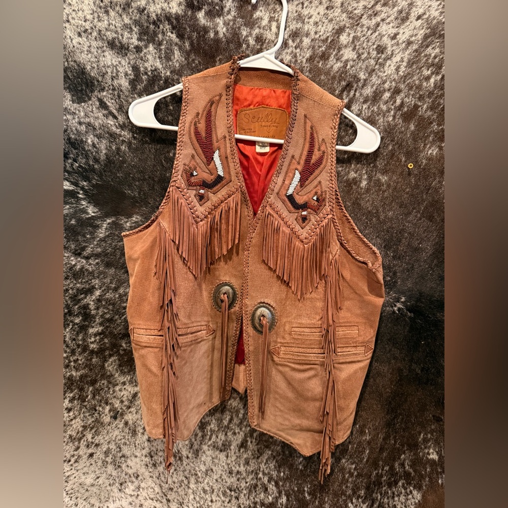 Scully Tan Leather Vest with Fringe and Embroidery